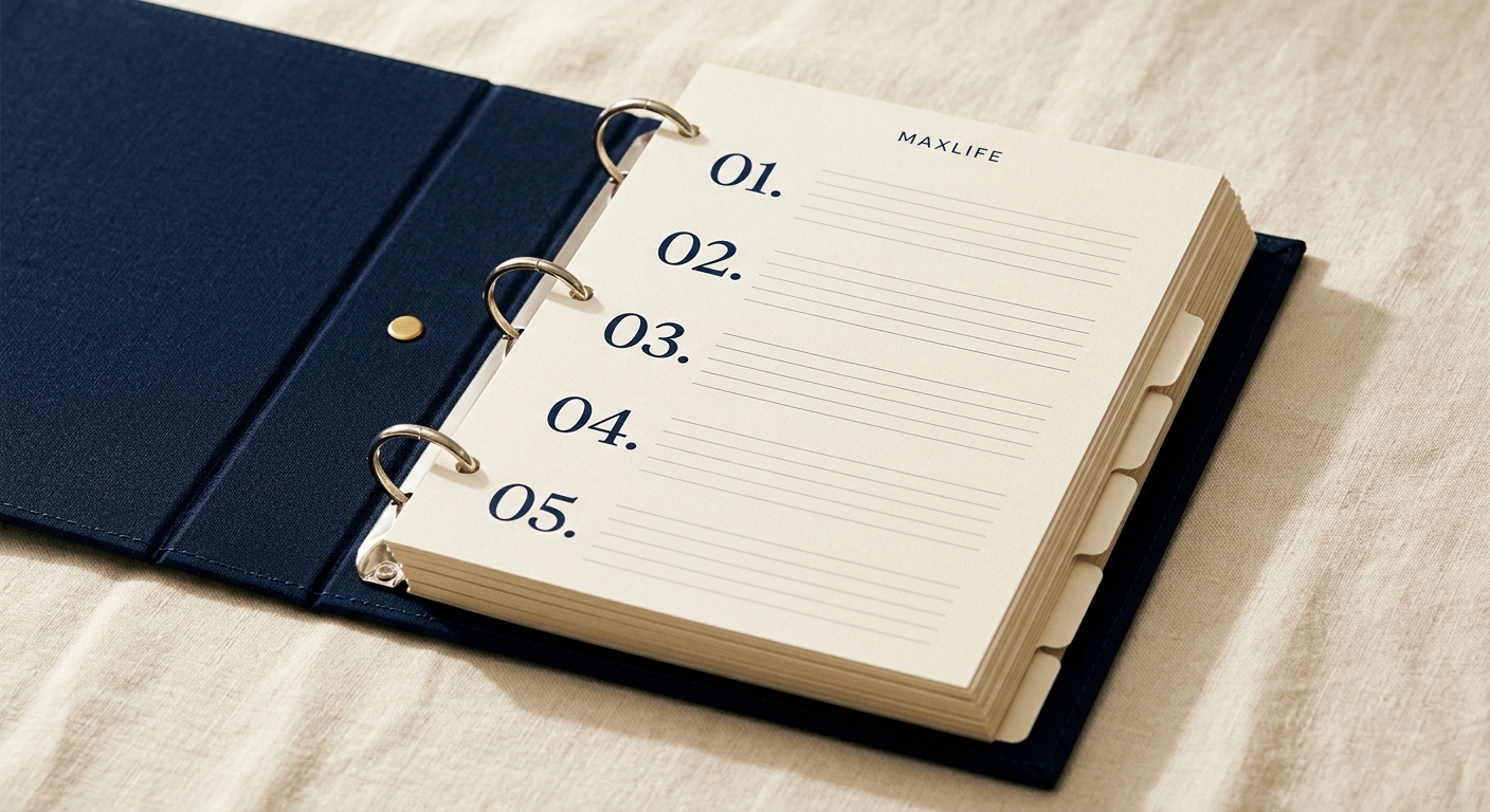 The MaxLife Worksheet Binder: a navy three-ring binder holding 75 printed worksheets, each with five numbered prompts